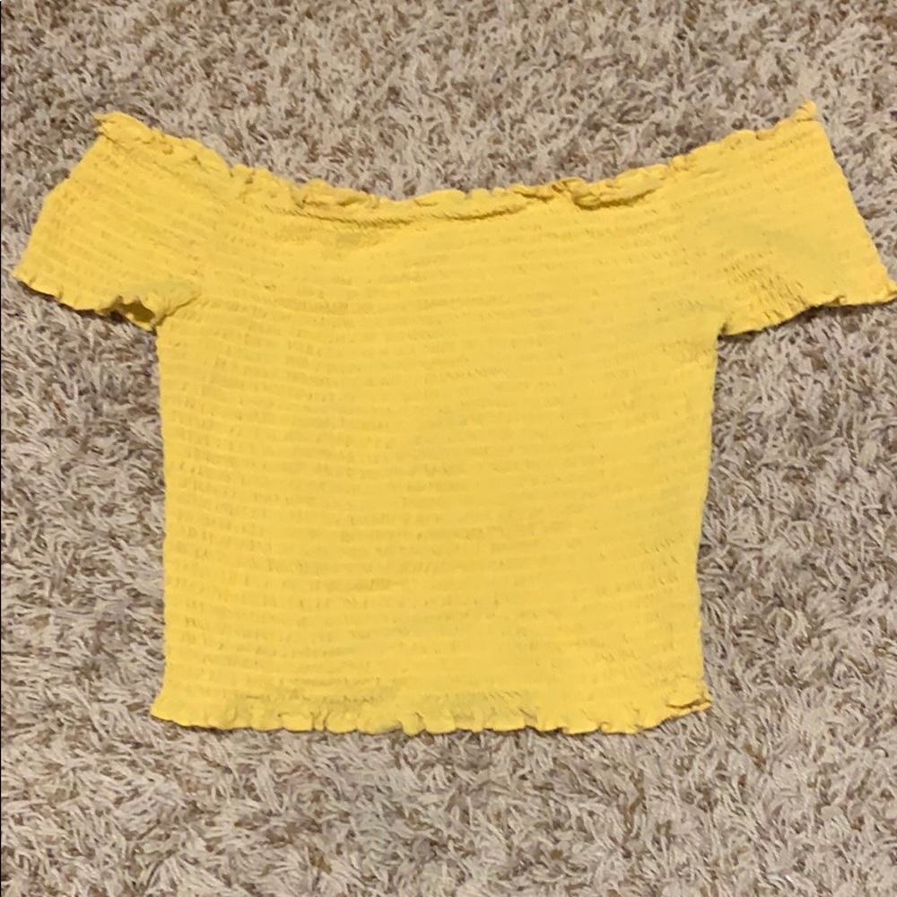 sunshine yellow, off the shoulder, stretchy top